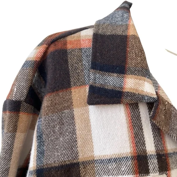 Plaid button up knit over shirt light shacket black orange M - Picture 7 of 11
